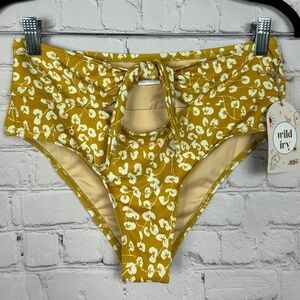 Beach Joy high rise Bikini bottoms tie front mustard‎ yellow floral, sz M, NWT